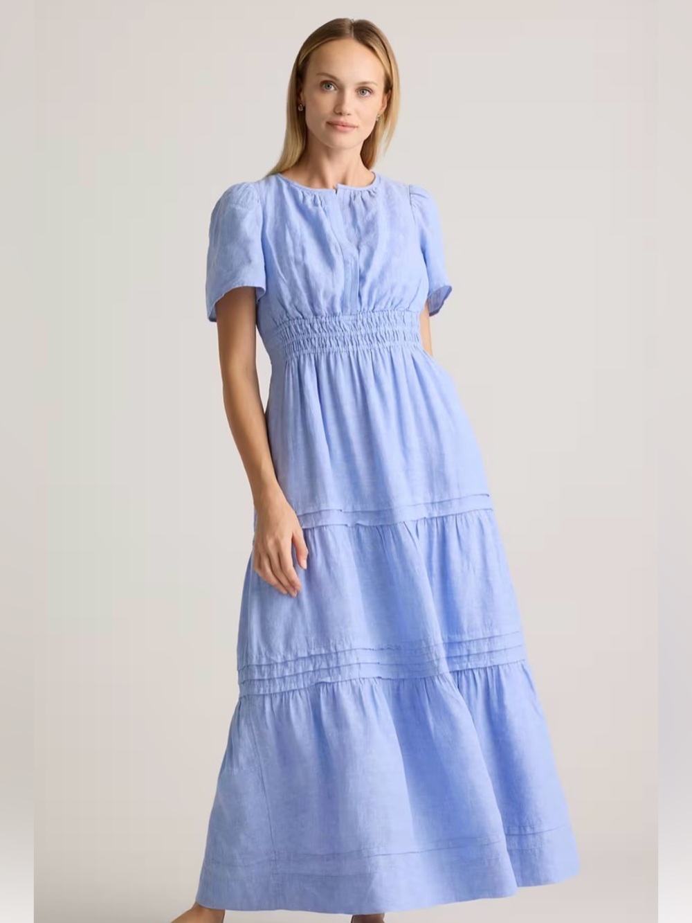 Quince Light Blue Tiered Midi Dress with Smocked Waist sz xs